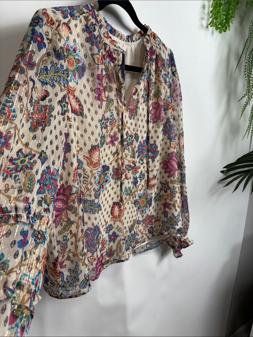 LOFT Cream Floral Peasant Blouse with Multicolor Print